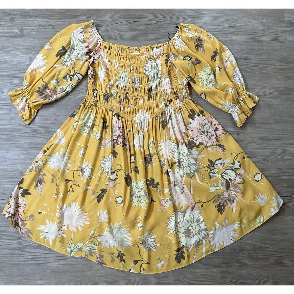 H&M Yellow Floral Print Puff Sleeved Dress Women’s Size XL NWT